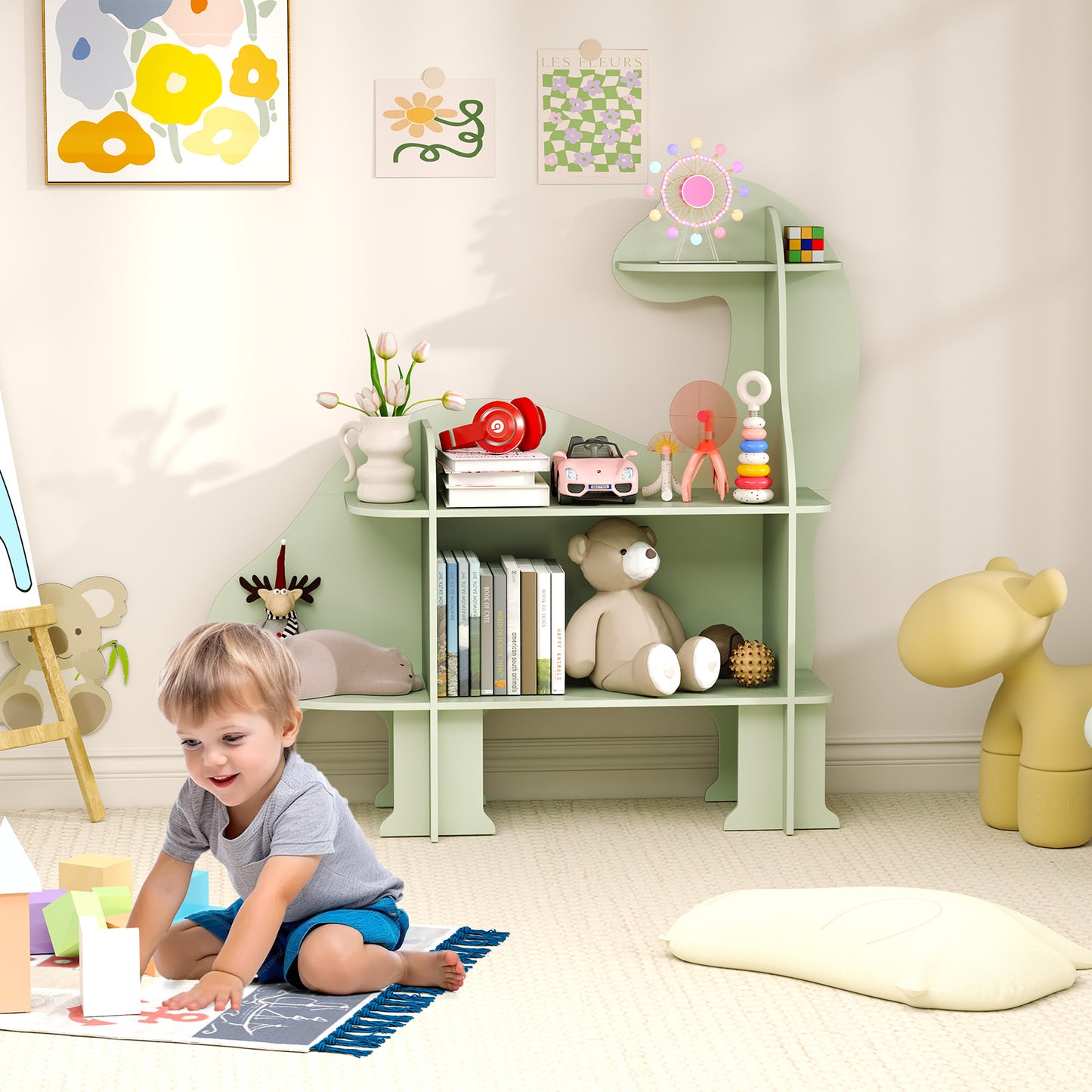3-Tier Dinosaur Kids Bookshelf for Children-Green Kids Crystal