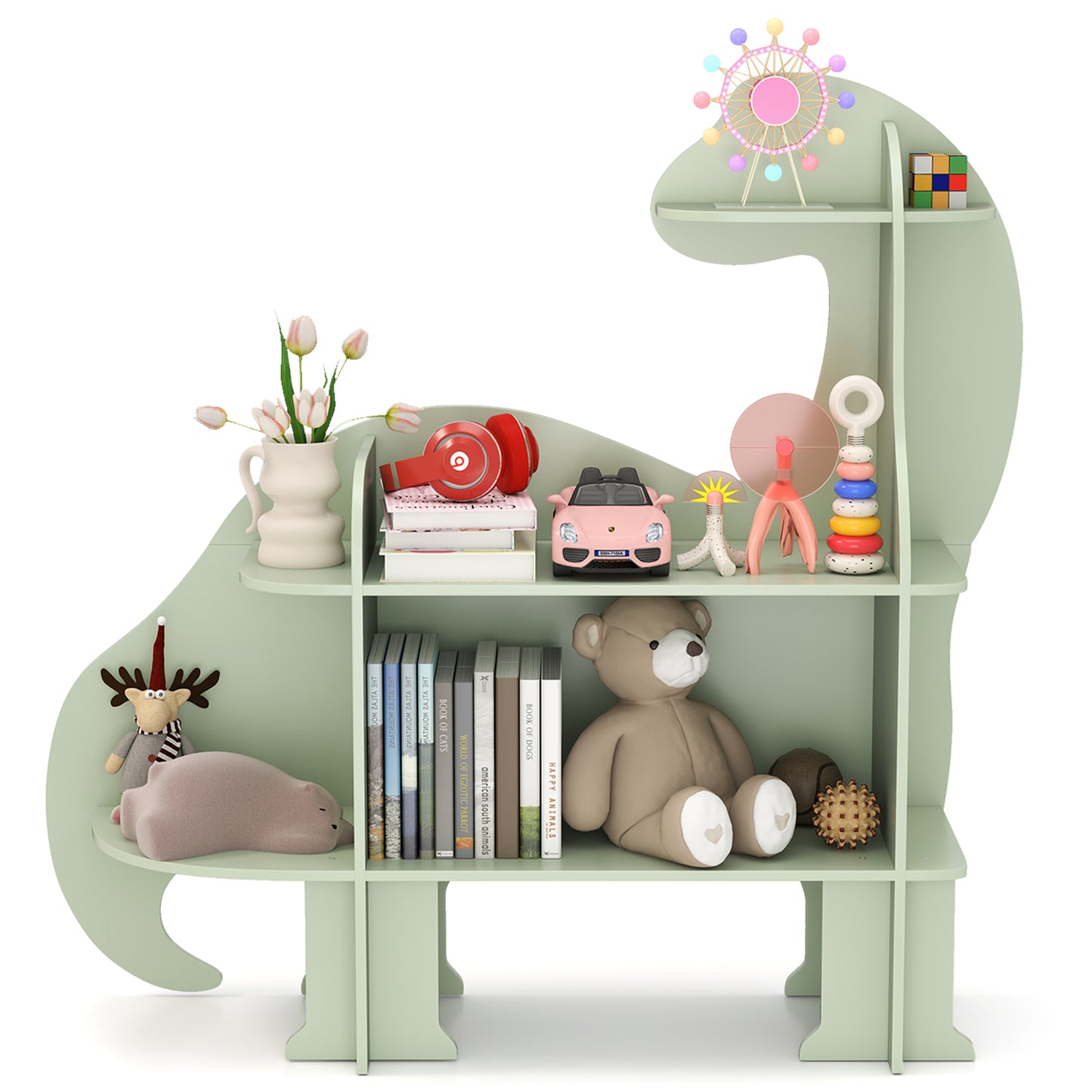 3-Tier Dinosaur Kids Bookshelf for Children-Green Kids Crystal