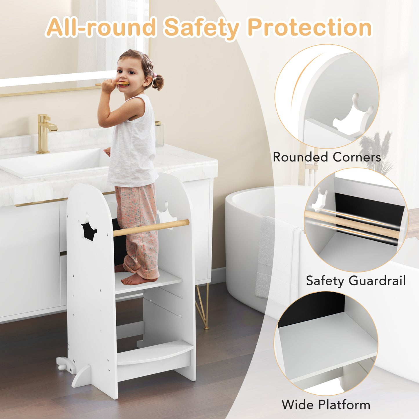 Kids Kitchen Tower Adjustable with Chalkboard and Safety Rail-White