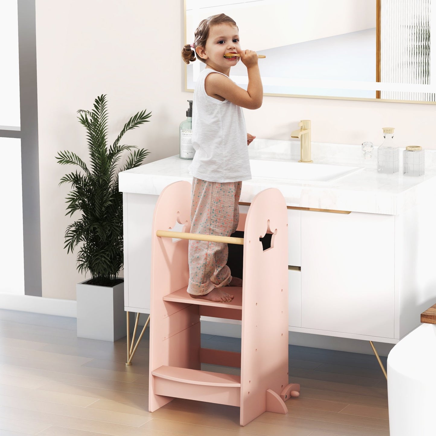 Kids Kitchen Tower Adjustable with Chalkboard and Safety Rail-Pink
