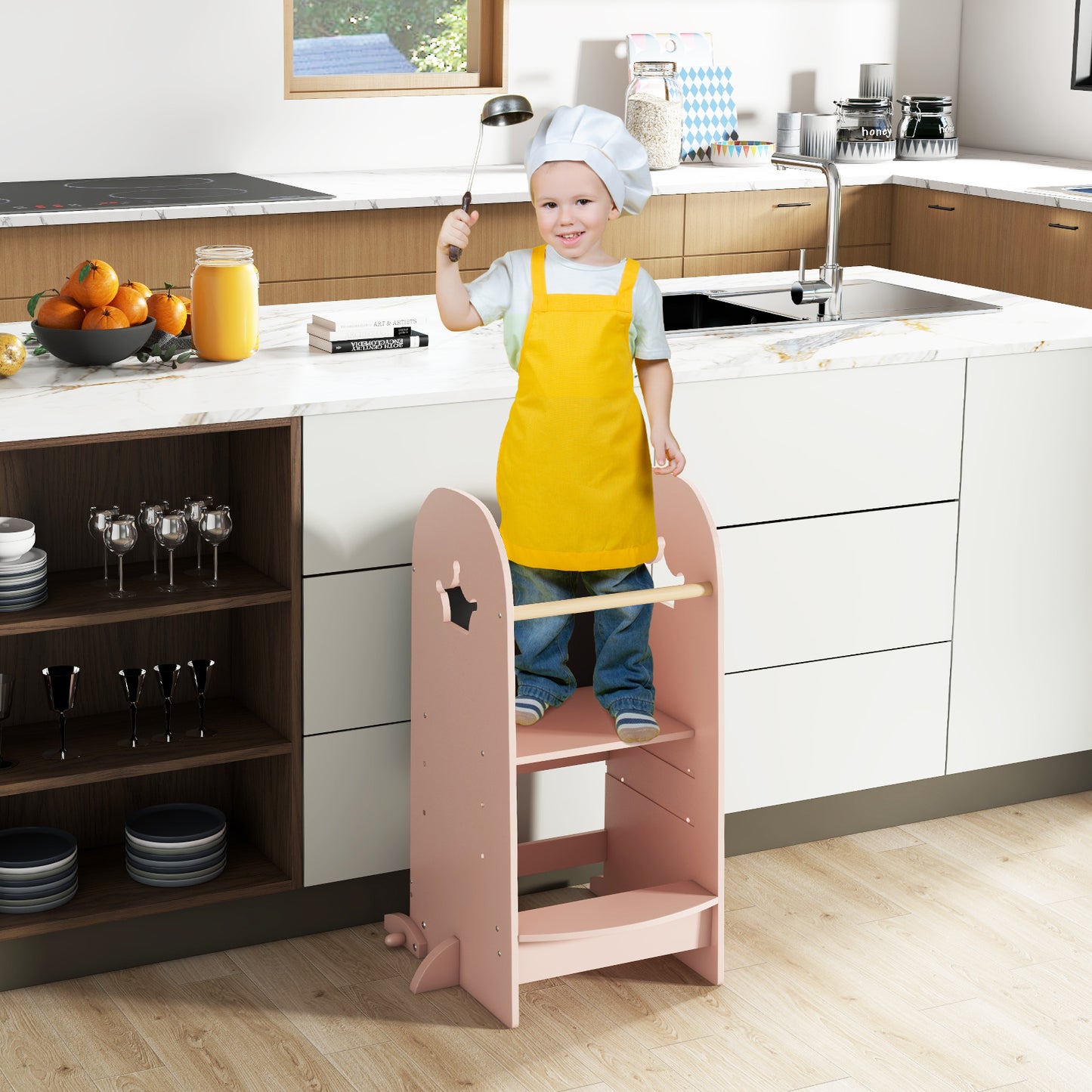 Kids Kitchen Tower Adjustable with Chalkboard and Safety Rail-Pink
