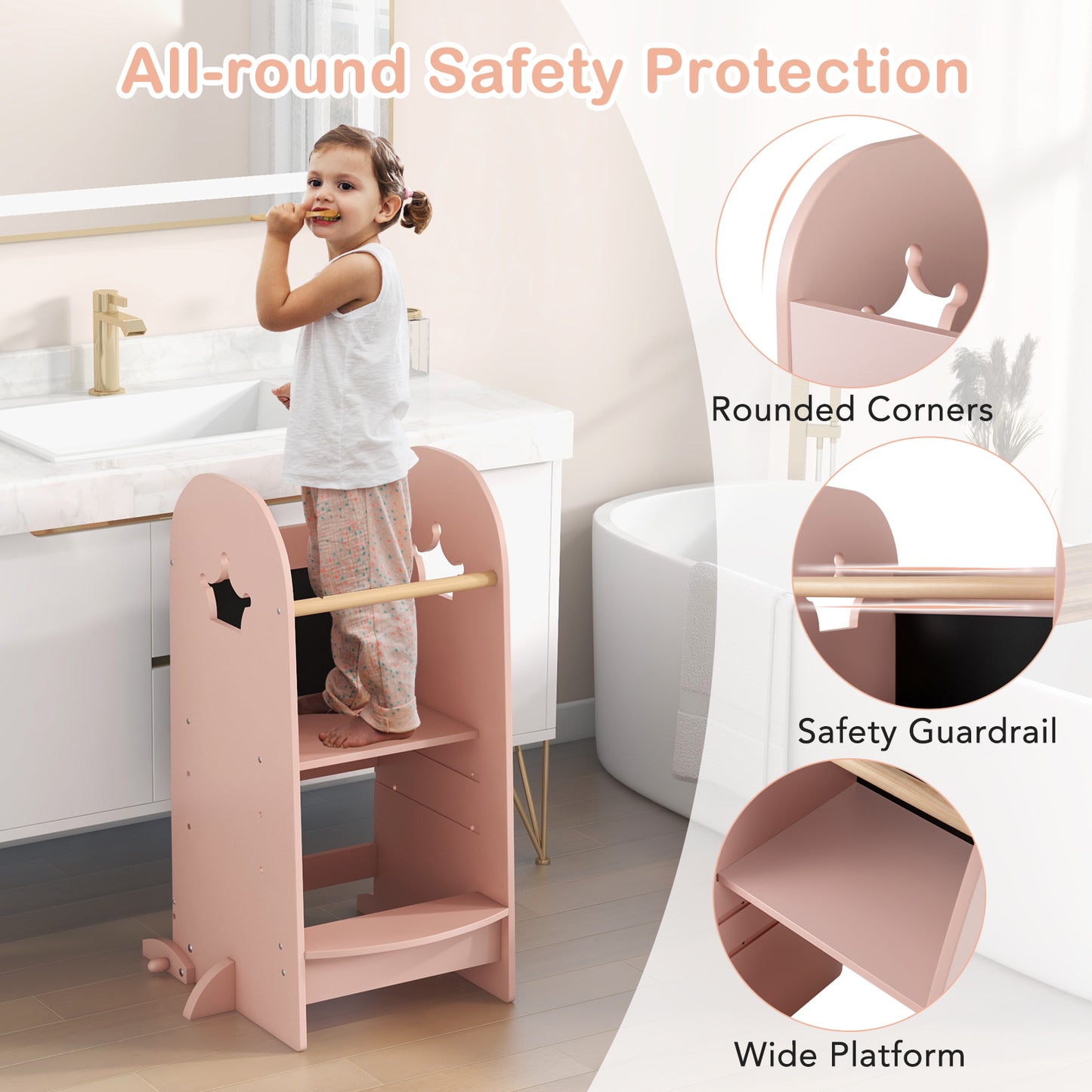 Kids Kitchen Tower Adjustable with Chalkboard and Safety Rail-Pink