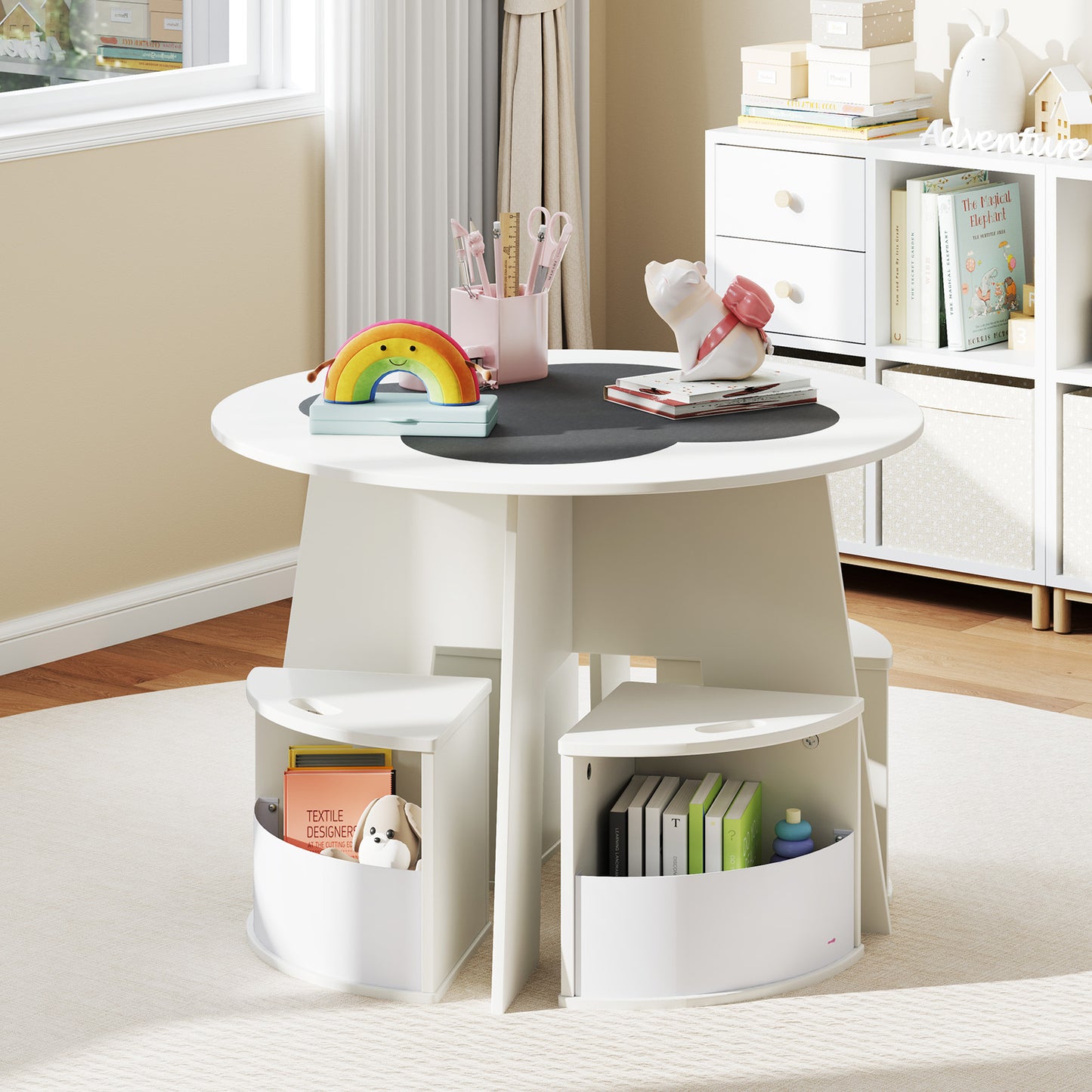 5 PCS Kids Table and Chair Set with Storage Stools for Activity-White Kids Crystal