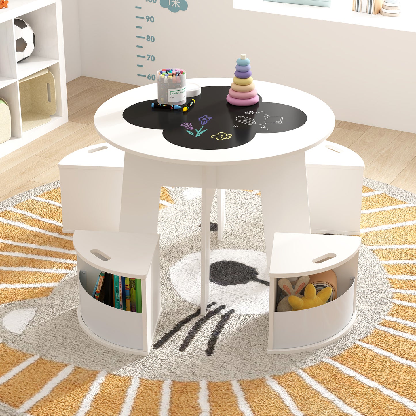 5 PCS Kids Table and Chair Set with Storage Stools for Activity-White Kids Crystal