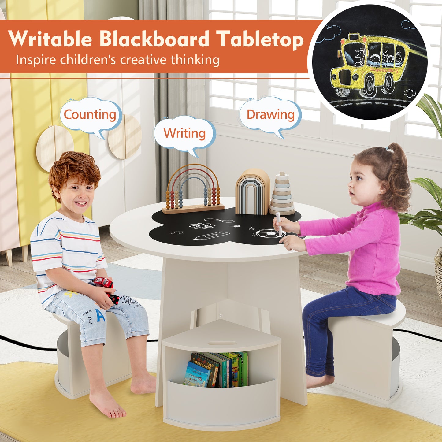 5 PCS Kids Table and Chair Set with Storage Stools for Activity-White Kids Crystal