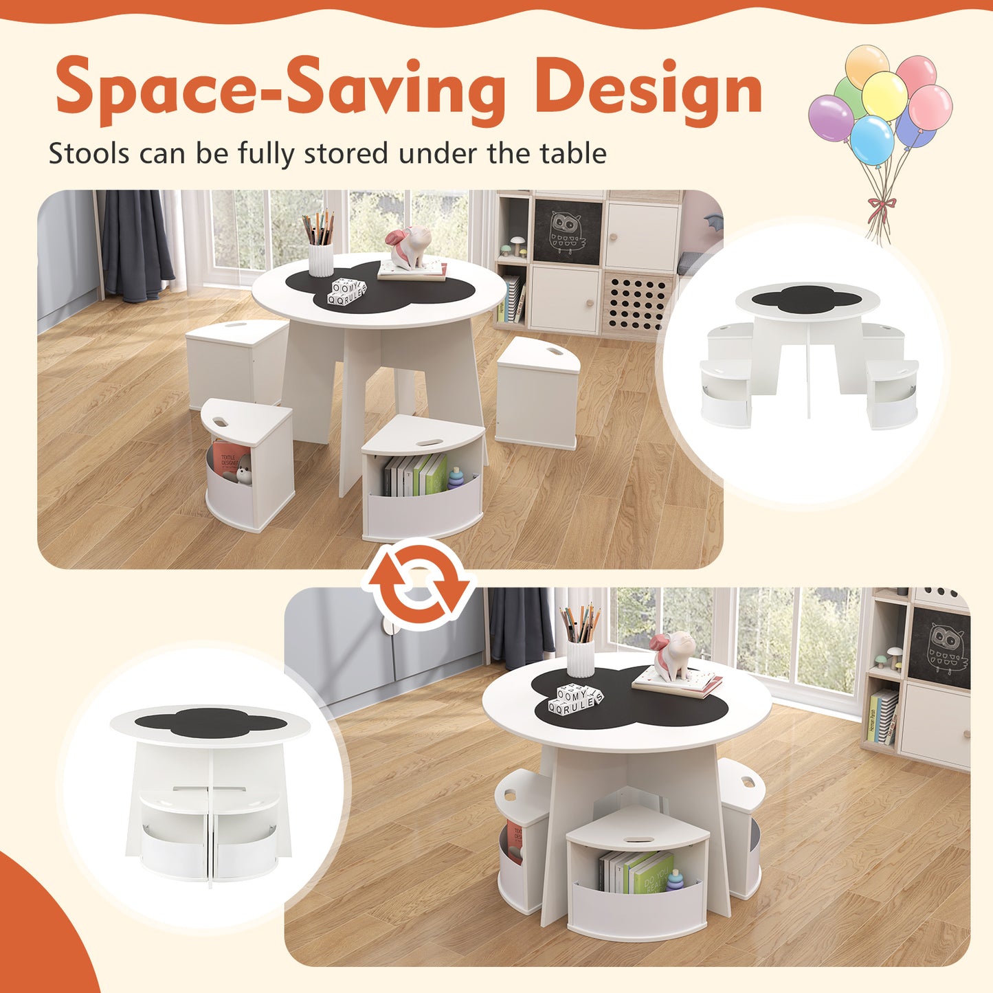 5 PCS Kids Table and Chair Set with Storage Stools for Activity-White Kids Crystal