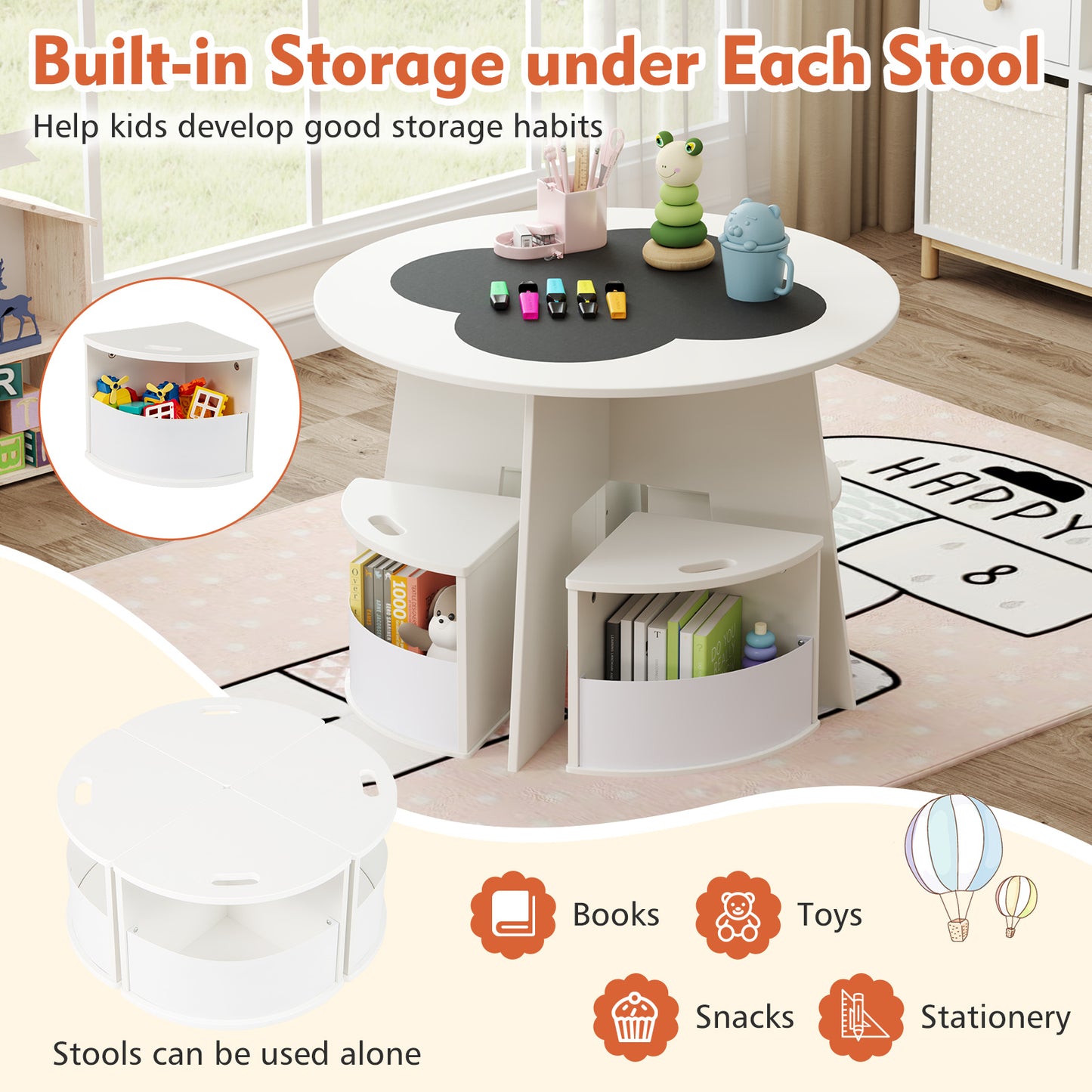 5 PCS Kids Table and Chair Set with Storage Stools for Activity-White Kids Crystal