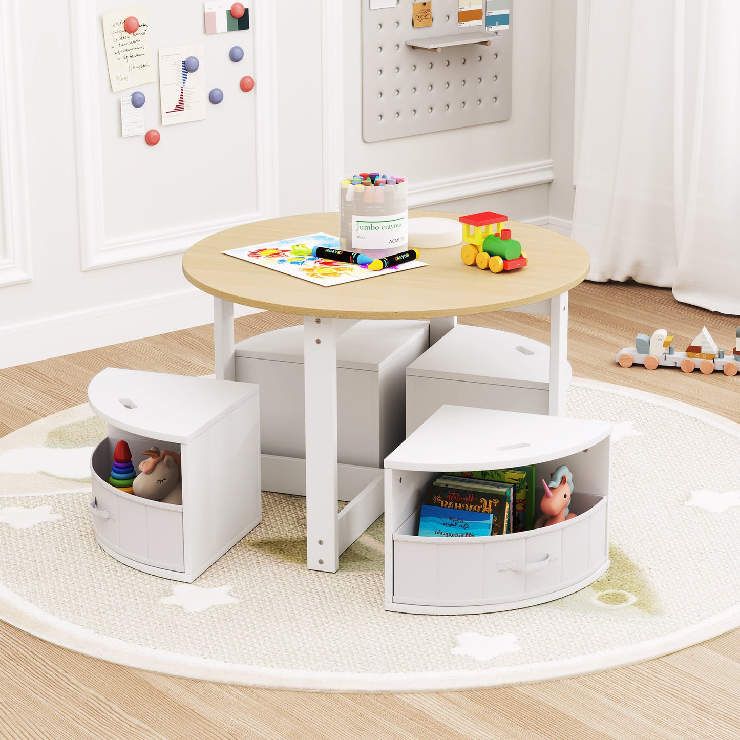 5 Piece Toddler Round Nesting Table with 4 Storage Stools for Activity-Natural Kids Crystal