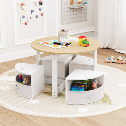 5 Piece Toddler Round Nesting Table with 4 Storage Stools for Activity-Natural