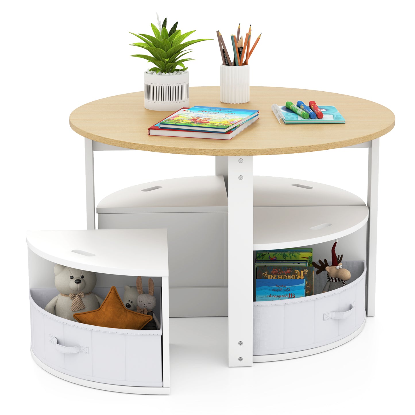 5 Piece Toddler Round Nesting Table with 4 Storage Stools for Activity-Natural Kids Crystal
