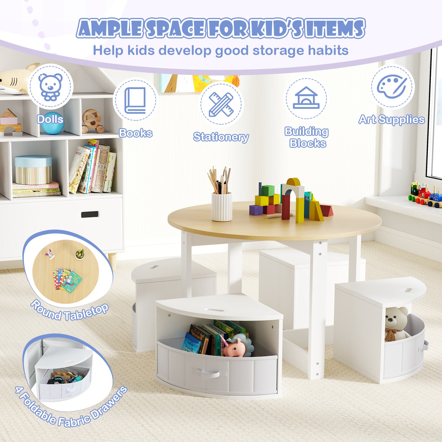 5 Piece Toddler Round Nesting Table with 4 Storage Stools for Activity-Natural Kids Crystal