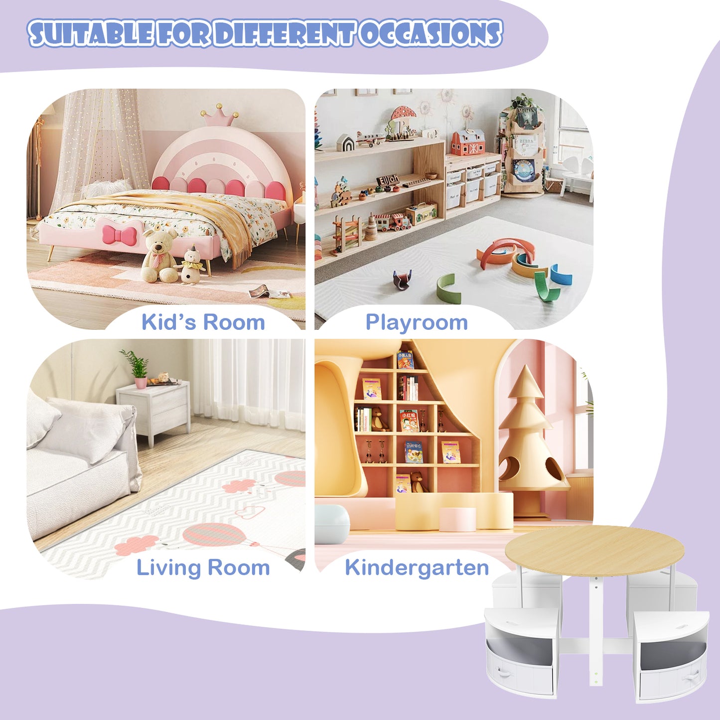 5 Piece Toddler Round Nesting Table with 4 Storage Stools for Activity-Natural Kids Crystal