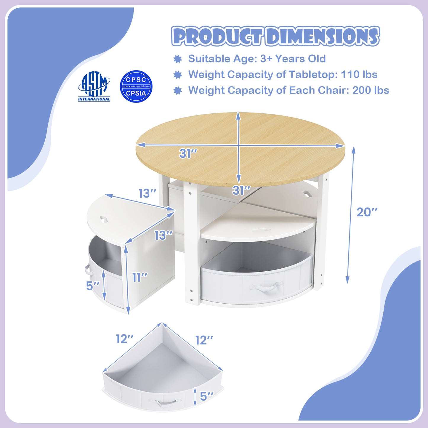 5 Piece Toddler Round Nesting Table with 4 Storage Stools for Activity-Natural Kids Crystal