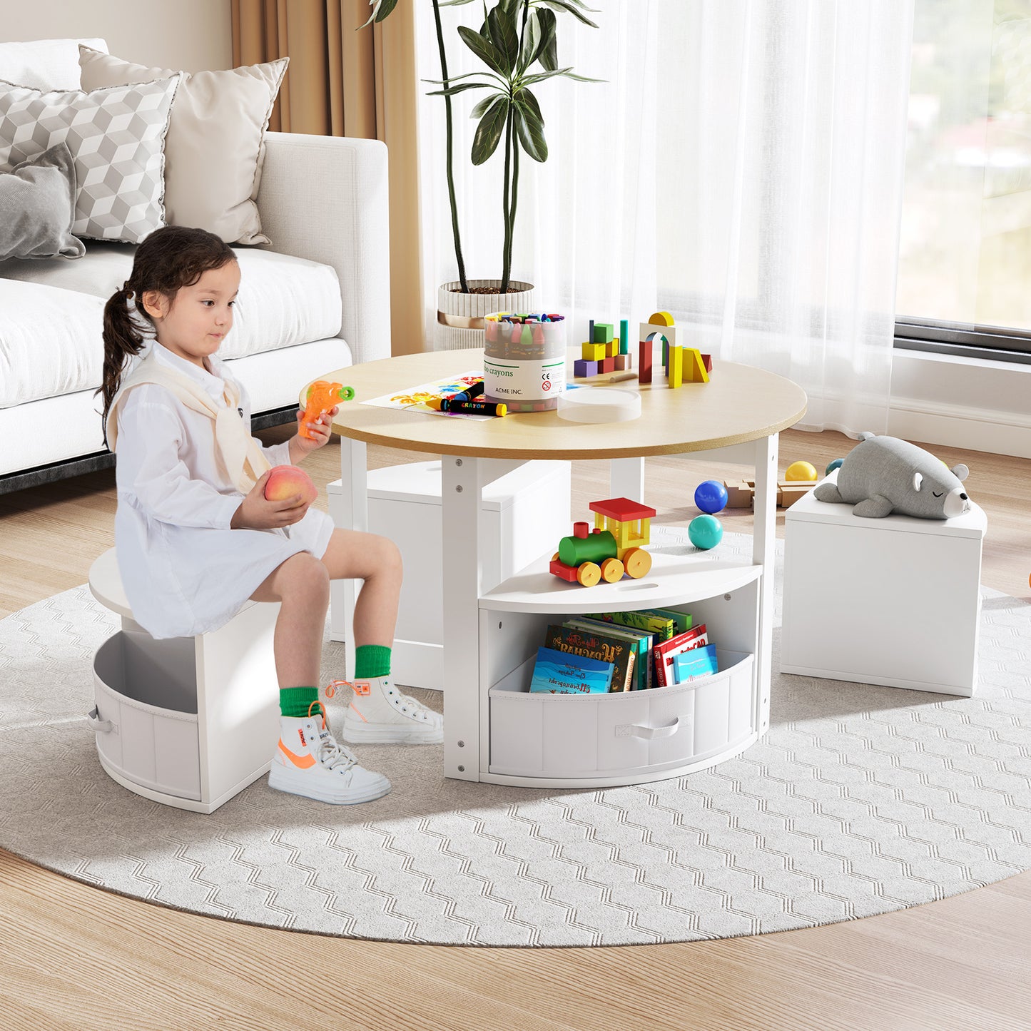5 Piece Toddler Round Nesting Table with 4 Storage Stools for Activity-Natural Kids Crystal