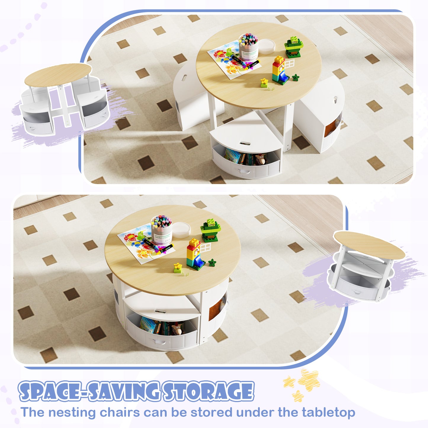 5 Piece Toddler Round Nesting Table with 4 Storage Stools for Activity-Natural Kids Crystal