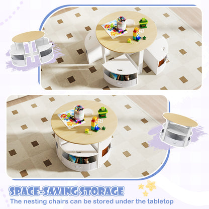 5 Piece Toddler Round Nesting Table with 4 Storage Stools for Activity-Natural