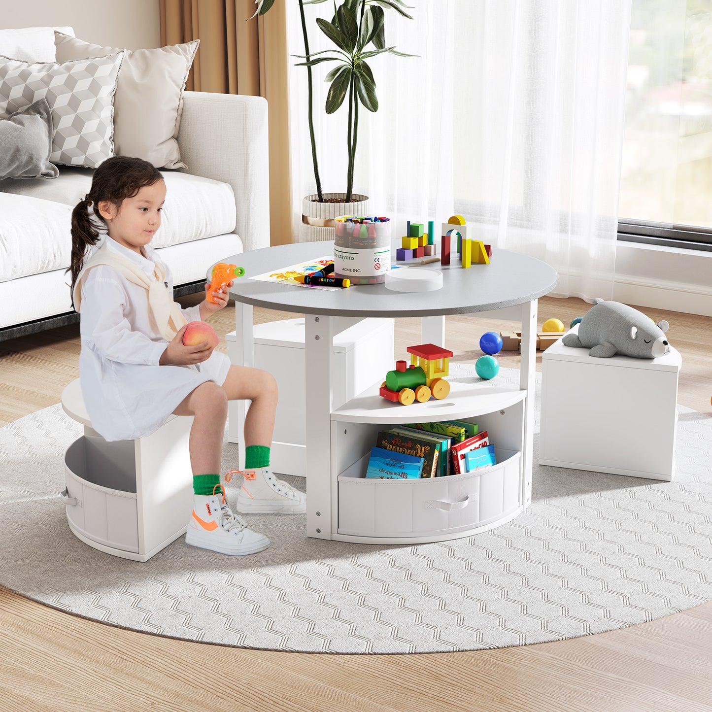 5 Piece Toddler Round Nesting Table with 4 Storage Stools for Activity-Grey Kids Crystal