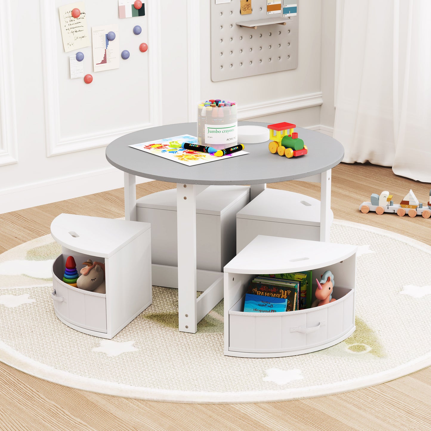 5 Piece Toddler Round Nesting Table with 4 Storage Stools for Activity-Grey Kids Crystal
