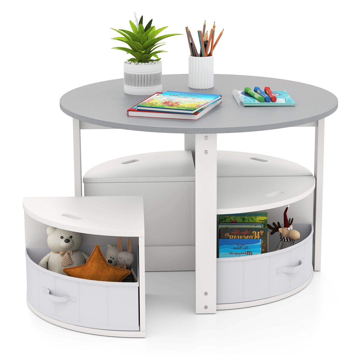 5 Piece Toddler Round Nesting Table with 4 Storage Stools for Activity-Grey Kids Crystal