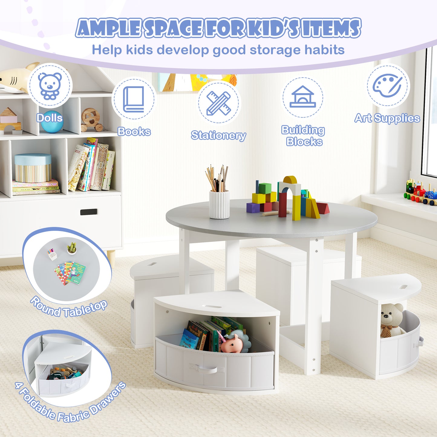 5 Piece Toddler Round Nesting Table with 4 Storage Stools for Activity-Grey Kids Crystal