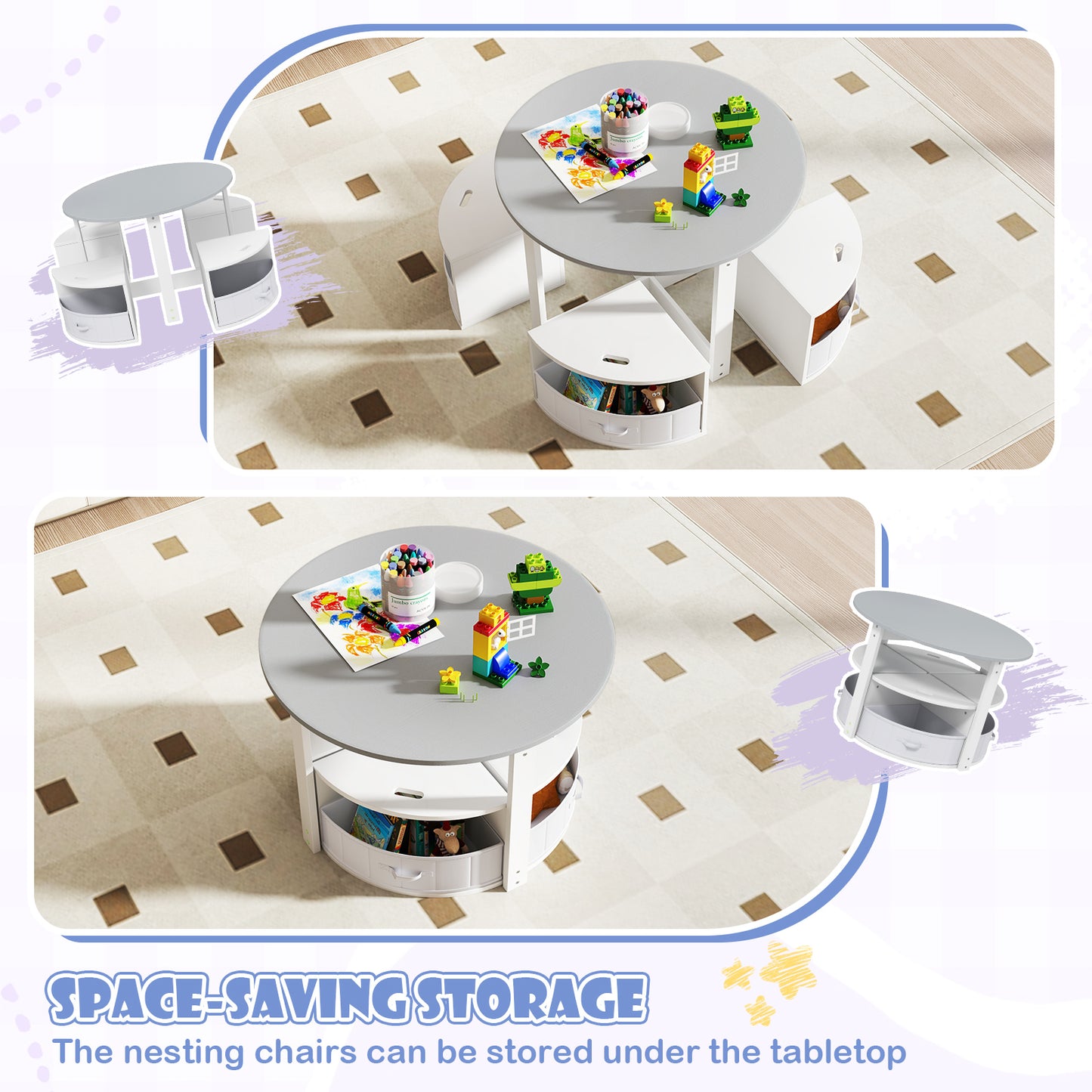 5 Piece Toddler Round Nesting Table with 4 Storage Stools for Activity-Grey Kids Crystal