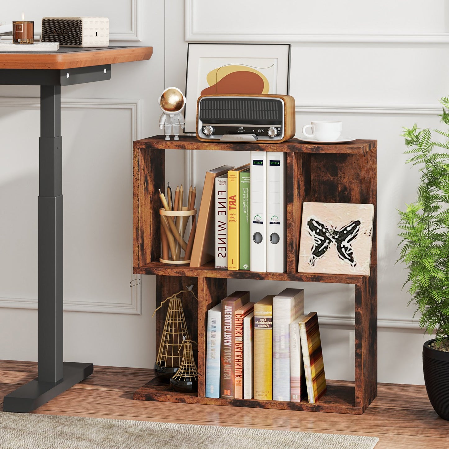 3-Tier Bookshelf with Display Shelf for Small Space-Rustic Brown Kids Crystal
