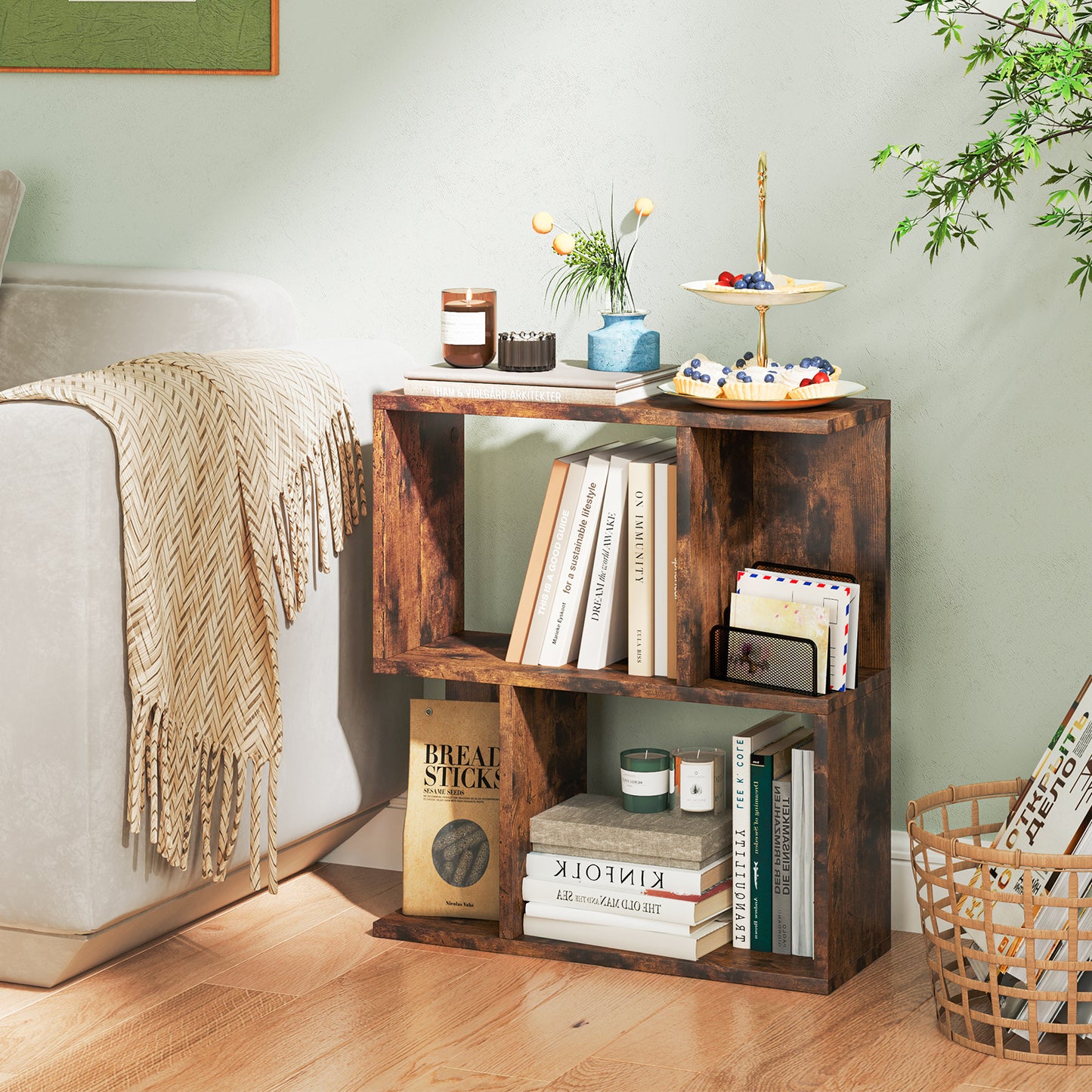 3-Tier Bookshelf with Display Shelf for Small Space-Rustic Brown Kids Crystal