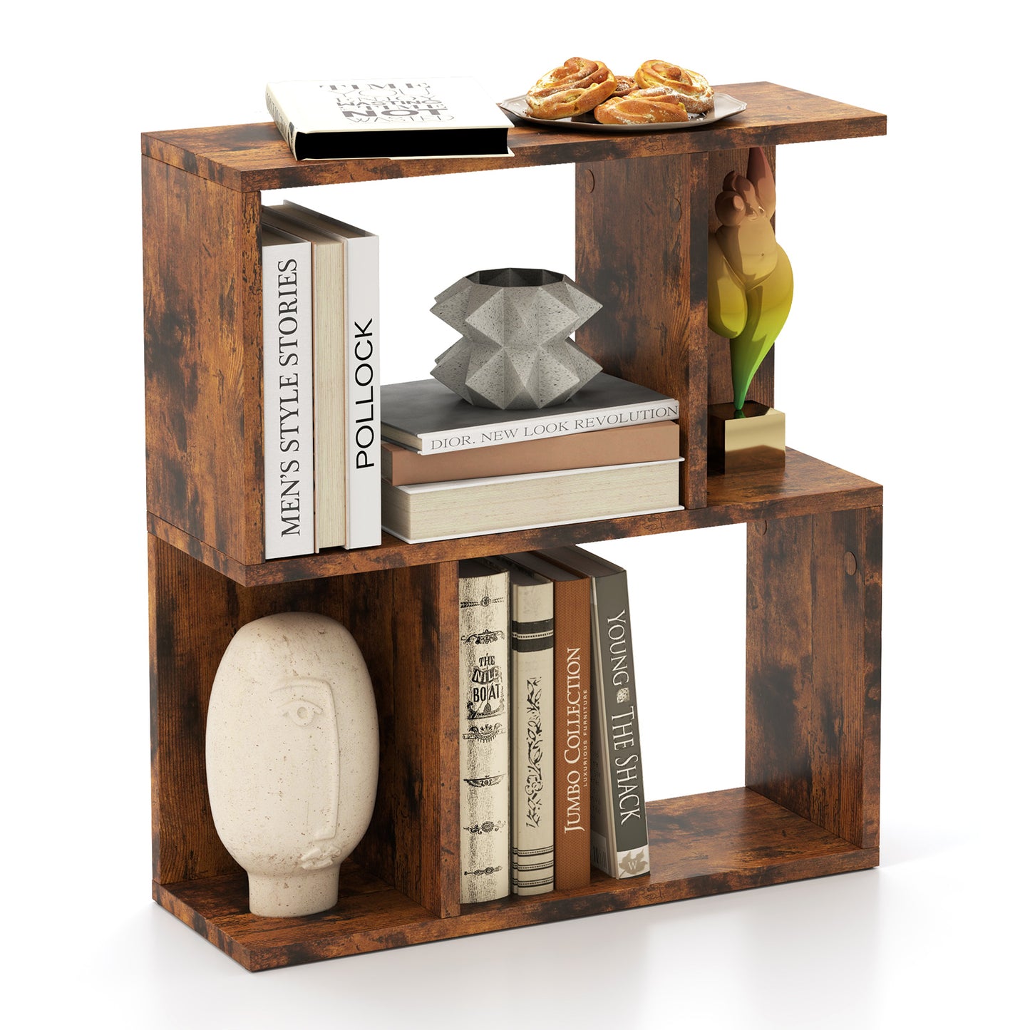 3-Tier Bookshelf with Display Shelf for Small Space-Rustic Brown Kids Crystal