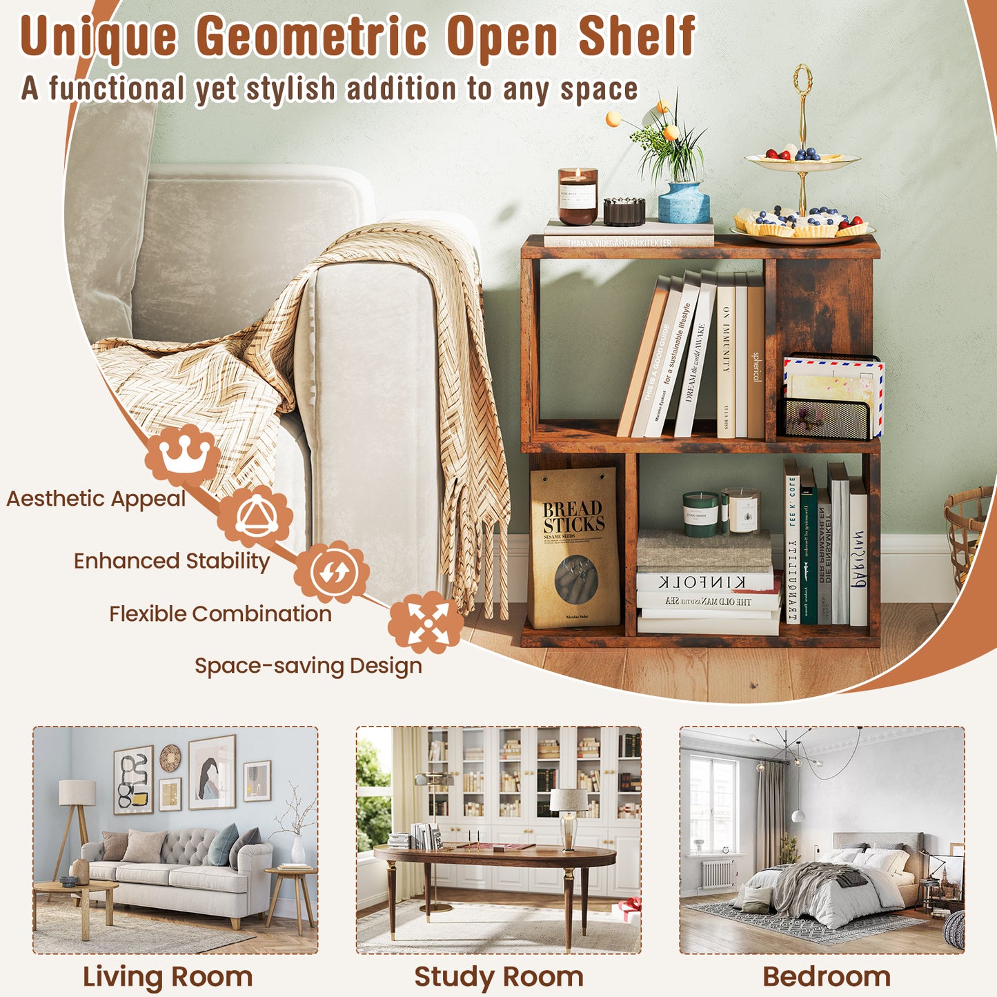 3-Tier Bookshelf with Display Shelf for Small Space-Rustic Brown Kids Crystal