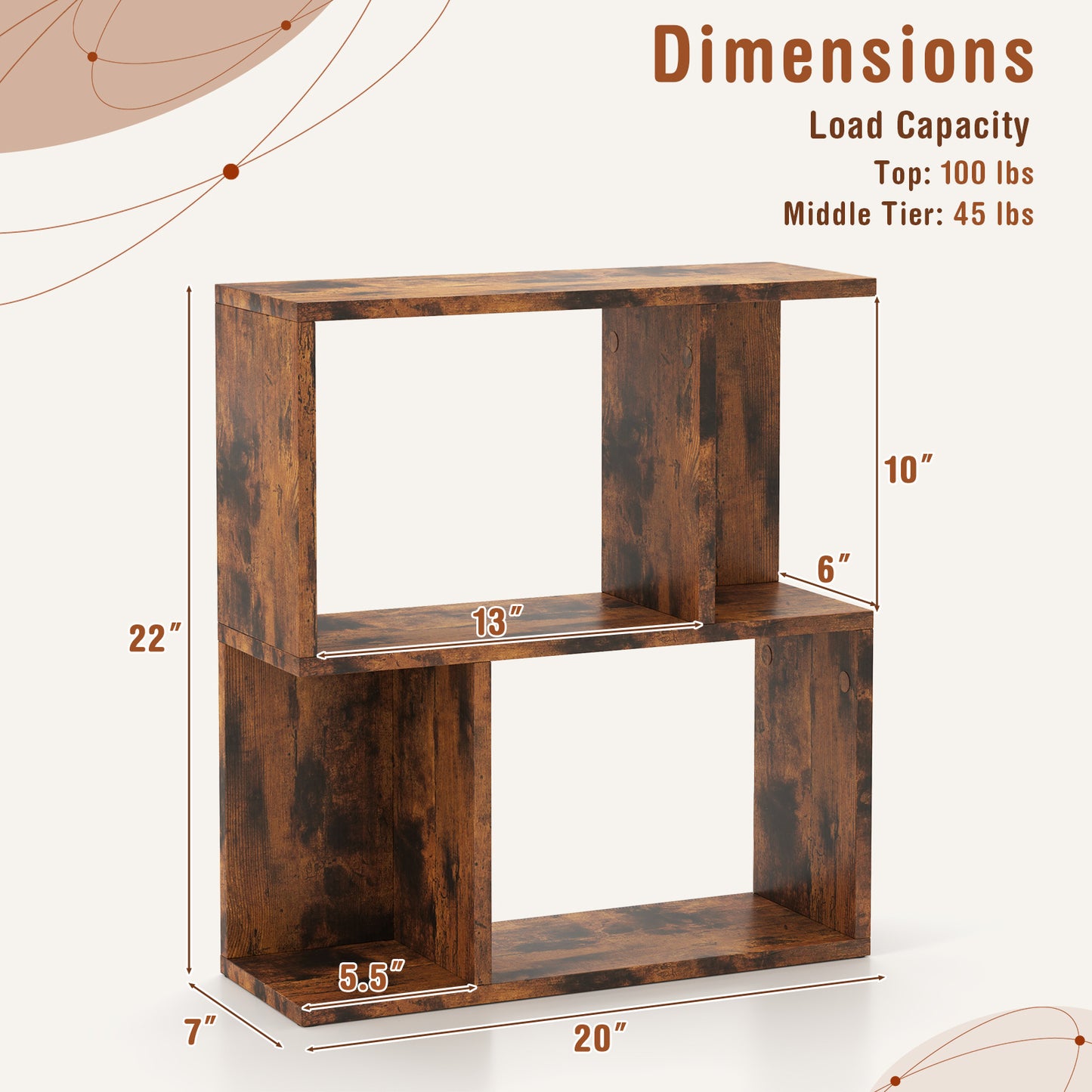 3-Tier Bookshelf with Display Shelf for Small Space-Rustic Brown Kids Crystal