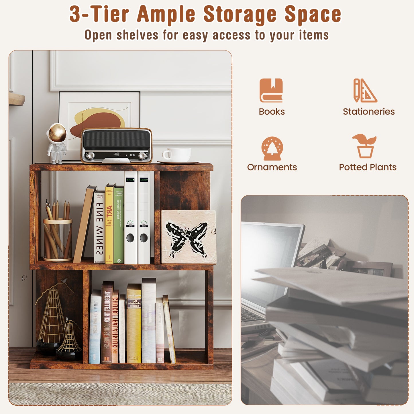 3-Tier Bookshelf with Display Shelf for Small Space-Rustic Brown Kids Crystal