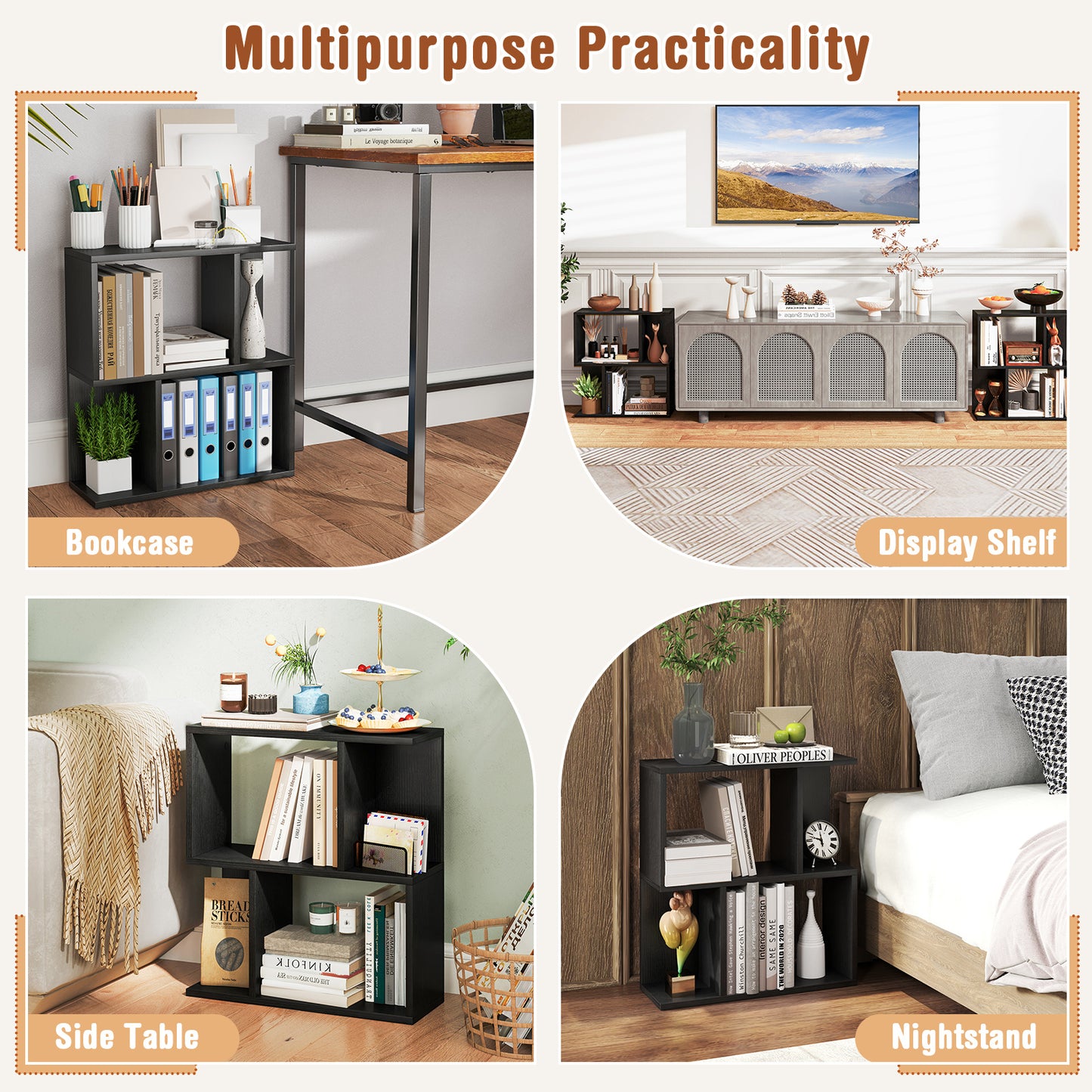 3-Tier Bookshelf with Display Shelf for Small Space-Black Kids Crystal