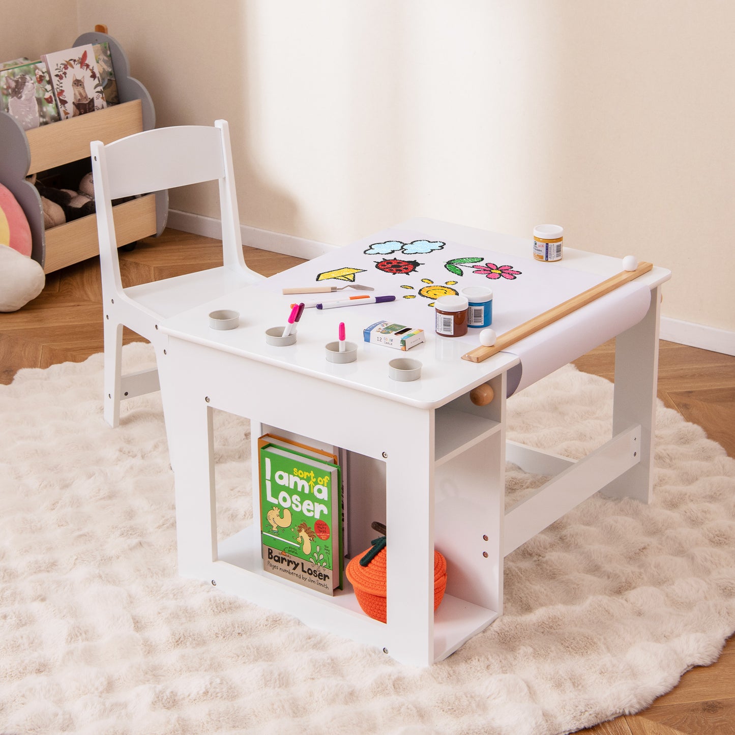 Kids Art Table and Chair Set Toddler Craft Drawing Desk-White Kids Crystal