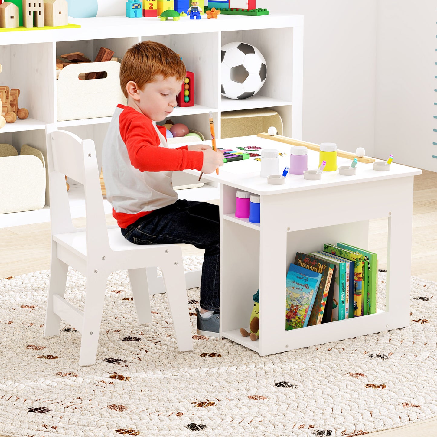 Kids Art Table and Chair Set Toddler Craft Drawing Desk-White Kids Crystal