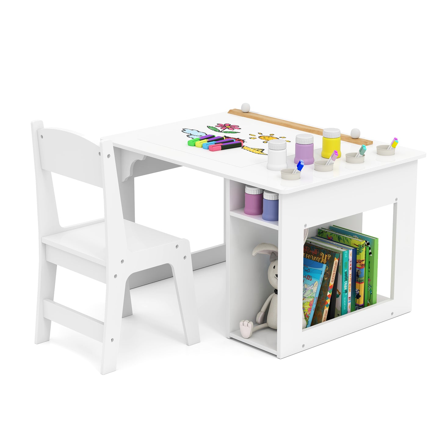 Kids Art Table and Chair Set Toddler Craft Drawing Desk-White Kids Crystal