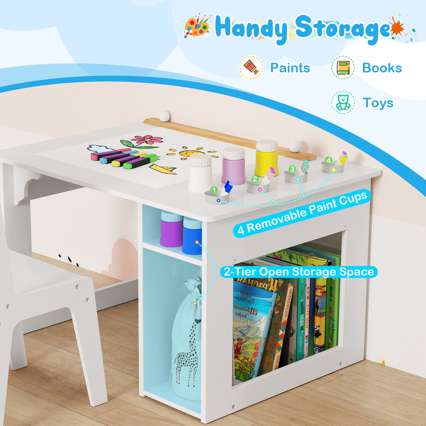 Kids Art Table and Chair Set Toddler Craft Drawing Desk-White Kids Crystal