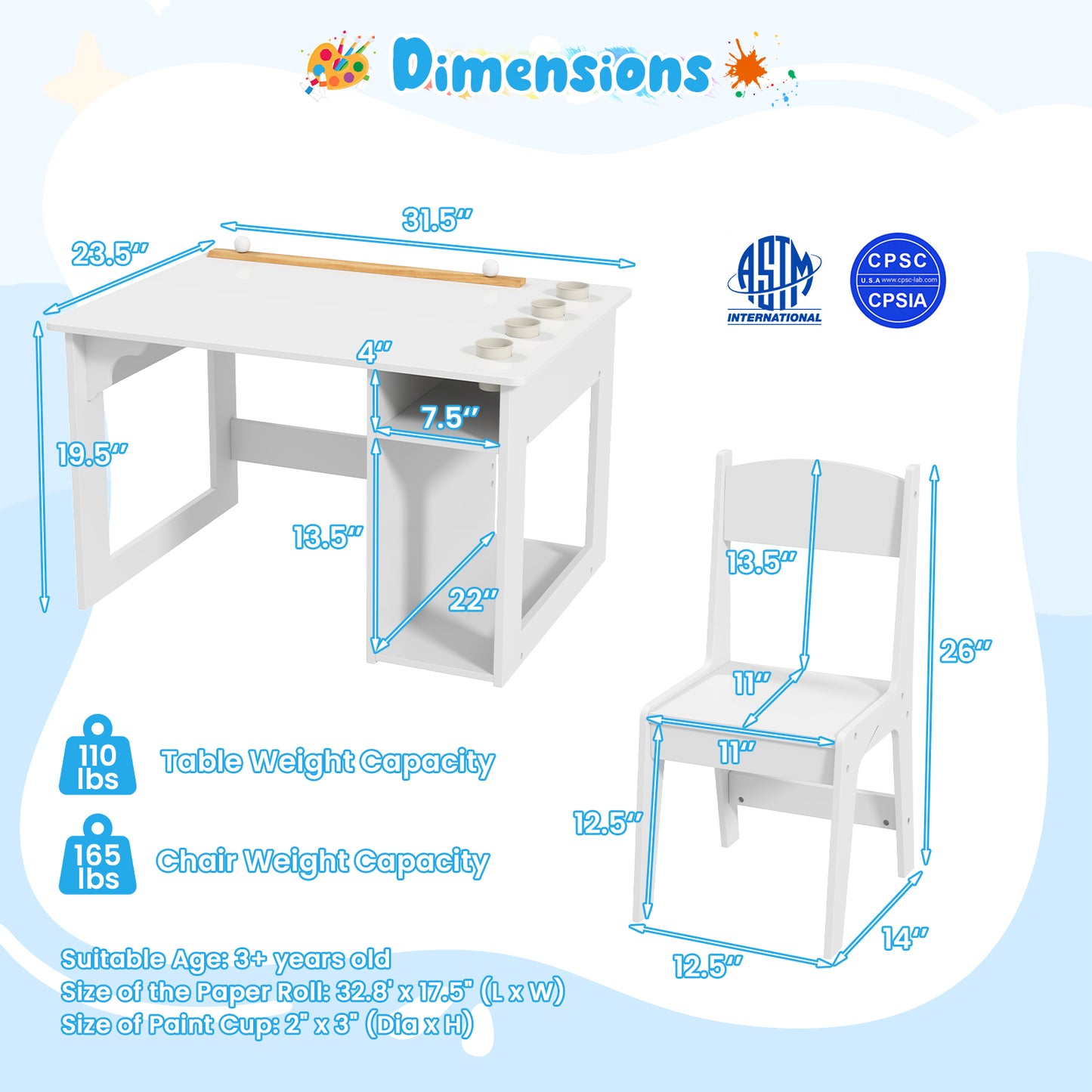 Kids Art Table and Chair Set Toddler Craft Drawing Desk-White Kids Crystal