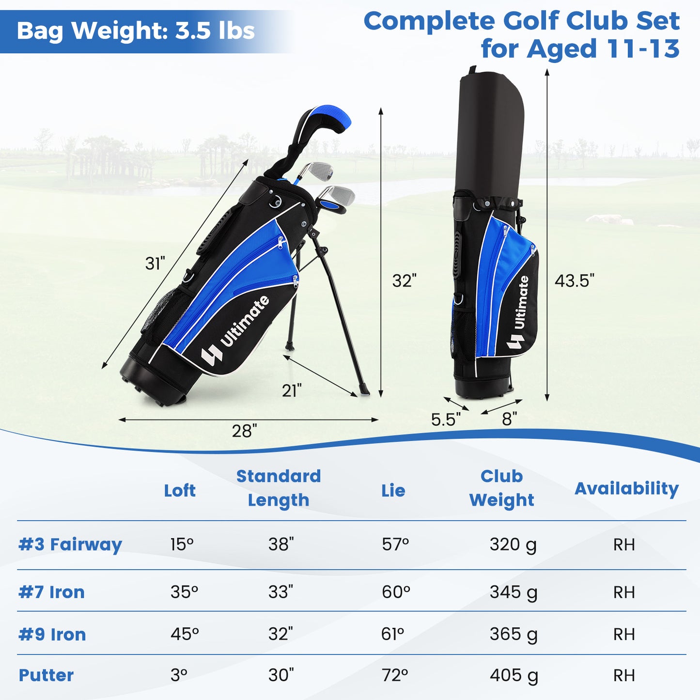 Complete Golf Club Set for Children Age 11-13-Blue Kids Crystal