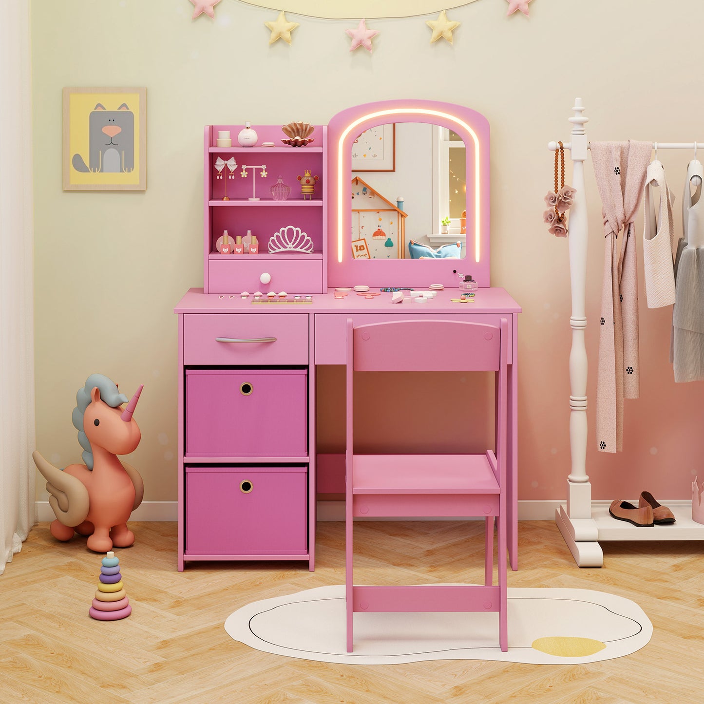 Kids Vanity Set with Lighted Mirror Makeup Desk and Chair Set with Drawers-Pink Kids Crystal