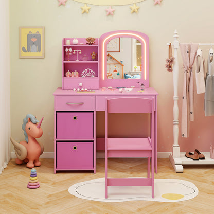 Kids Vanity Set with Lighted Mirror Makeup Desk and Chair Set with Drawers-Pink