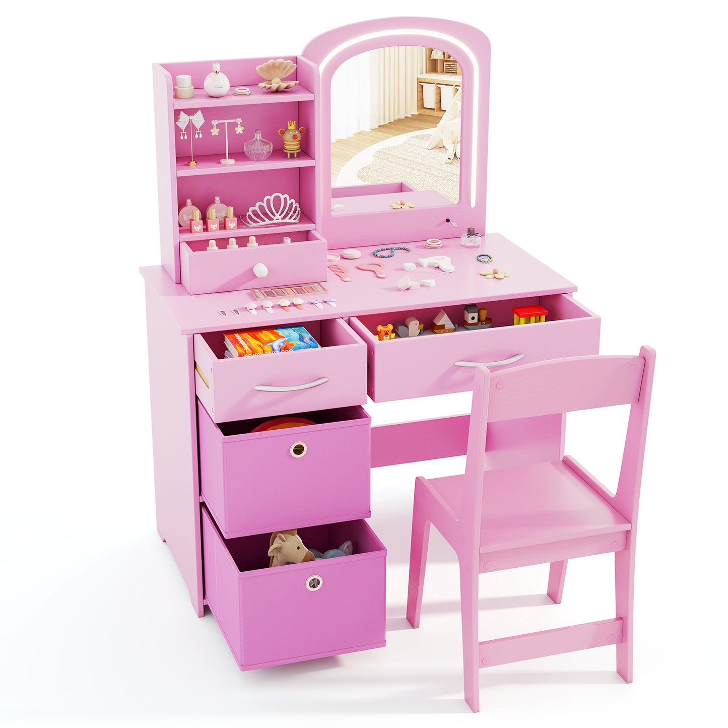 Kids Vanity Set with Lighted Mirror Makeup Desk and Chair Set with Drawers-Pink Kids Crystal
