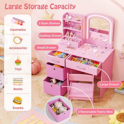 Kids Vanity Set with Lighted Mirror Makeup Desk and Chair Set with Drawers-Pink