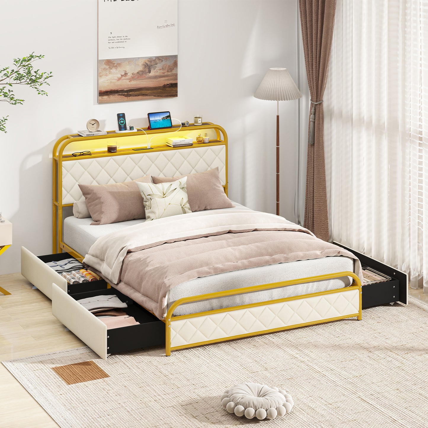 Twin/Full/Queen Size Bed Frame with LED Lights and Charging Station Gold-Full Size Kids Crystal