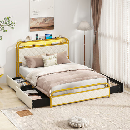 Twin/Full/Queen Size Bed Frame with LED Lights and Charging Station Gold-Full Size