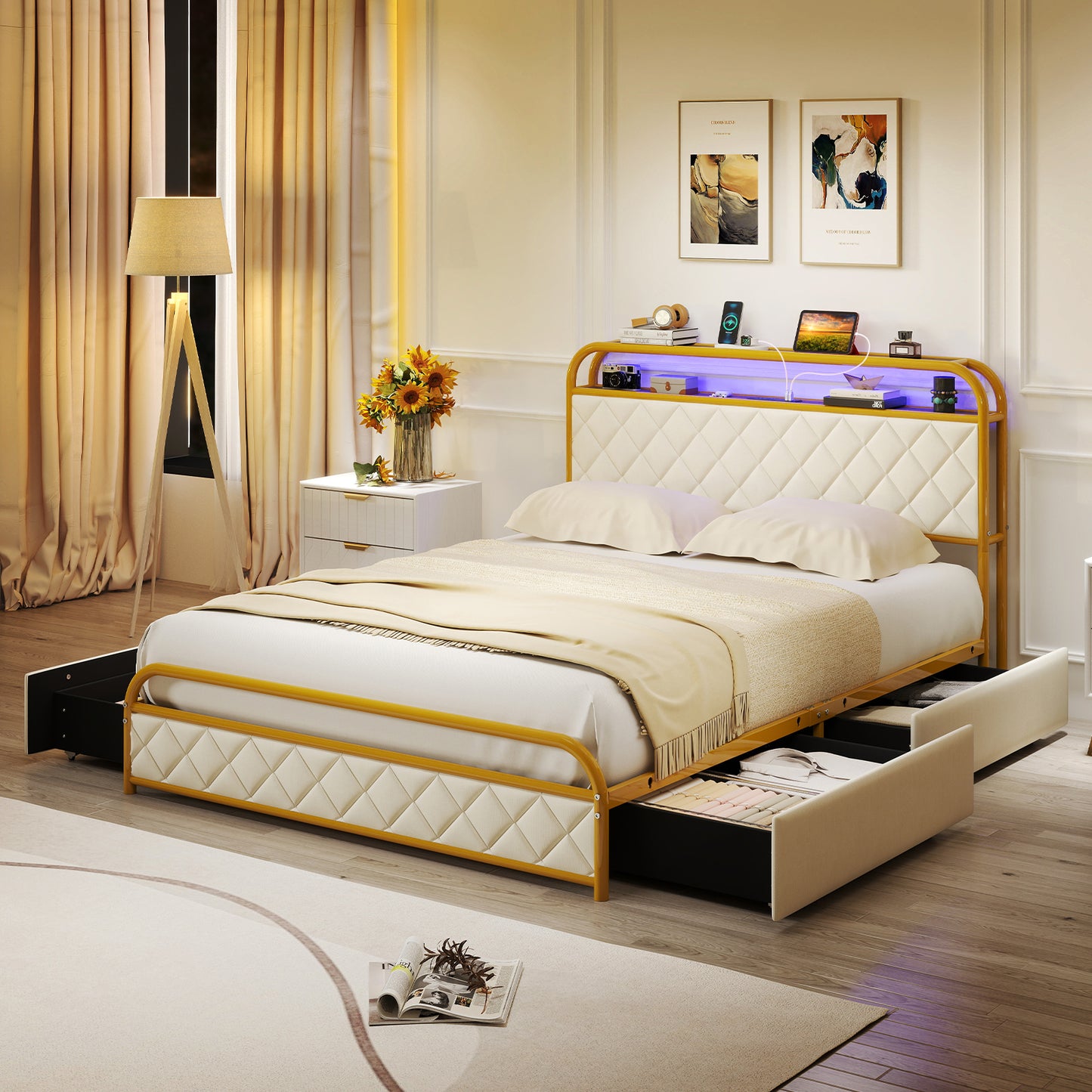 Twin/Full/Queen Size Bed Frame with LED Lights and Charging Station Gold-Full Size Kids Crystal