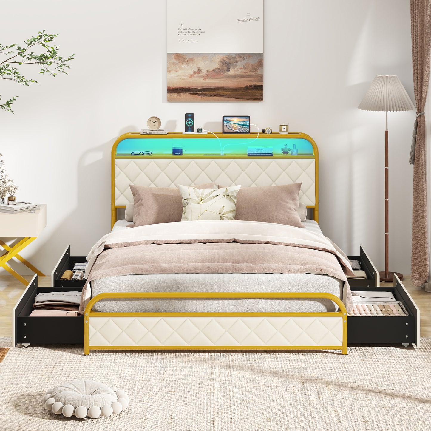Twin/Full/Queen Size Bed Frame with LED Lights and Charging Station Gold-Full Size Kids Crystal