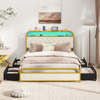Twin/Full/Queen Size Bed Frame with LED Lights and Charging Station Gold-Full Size