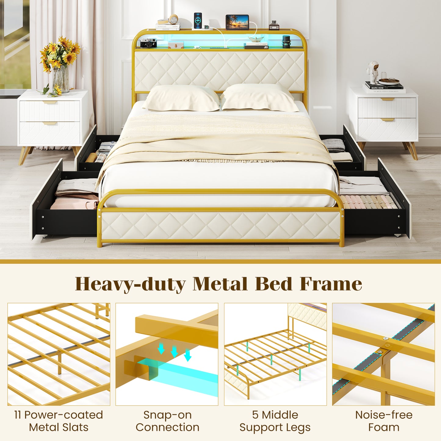 Twin/Full/Queen Size Bed Frame with LED Lights and Charging Station Gold-Full Size Kids Crystal