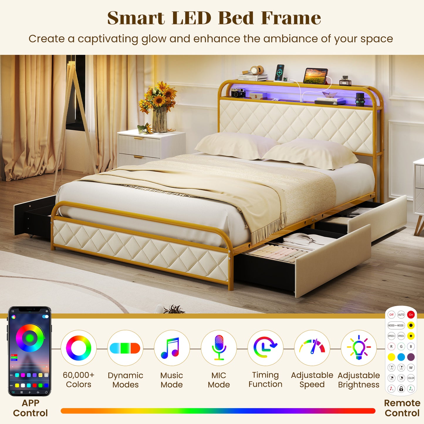 Twin/Full/Queen Size Bed Frame with LED Lights and Charging Station Gold-Full Size Kids Crystal