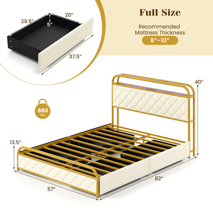 Twin/Full/Queen Size Bed Frame with LED Lights and Charging Station Gold-Full Size